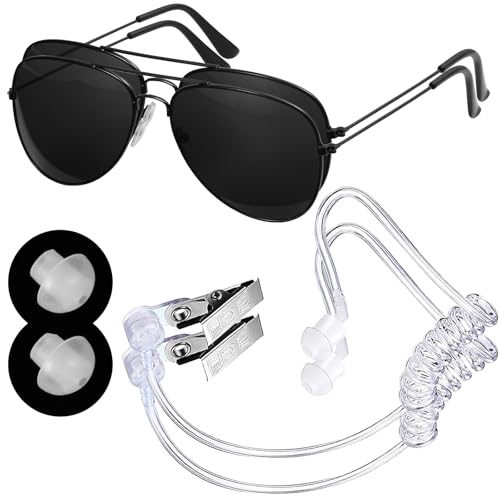 Men in Costume Black Spy Costume Accessories Kit with Fake Earpiece and Sunglasses for Secret Agent FBI and Secret Service Cosplay for Halloween Fancy Dress Parties (2 Pcs)