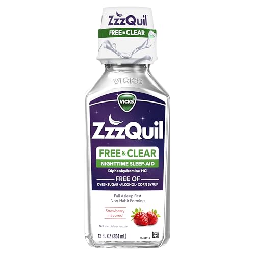 ZzzQuil, Nighttime Sleep Aid Liquid, FREE OF Alcohol & Artificial Dyes, 50 mg Diphenhydramine HCl, No.1 Sleep Aid Brand, Fall Asleep Fast, Non-Habit Forming, Soothing Berry Flavor, 12 FL OZ