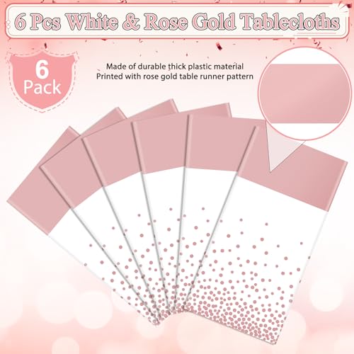 Image of 6Pcs White and Rose Gold Tablecloth Party Decorations,Plastic White Table Cloth Printed Rose Gold Table Runner Disposable Rectangle Table Cover for Birthday Anniversary Wedding Grad Party,54 x108 Inch