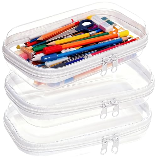 Image of 3PCS Clear Hard Plastic Zipper Case, Double Zippers Hard Pouch, Portable Travel Organizer Bin Clear Makeup Bag for Toy Storage, Snack Bag, Cosmetics, Pencil Case, Diaper Bag, Toiletry Bag (3PCS-S)