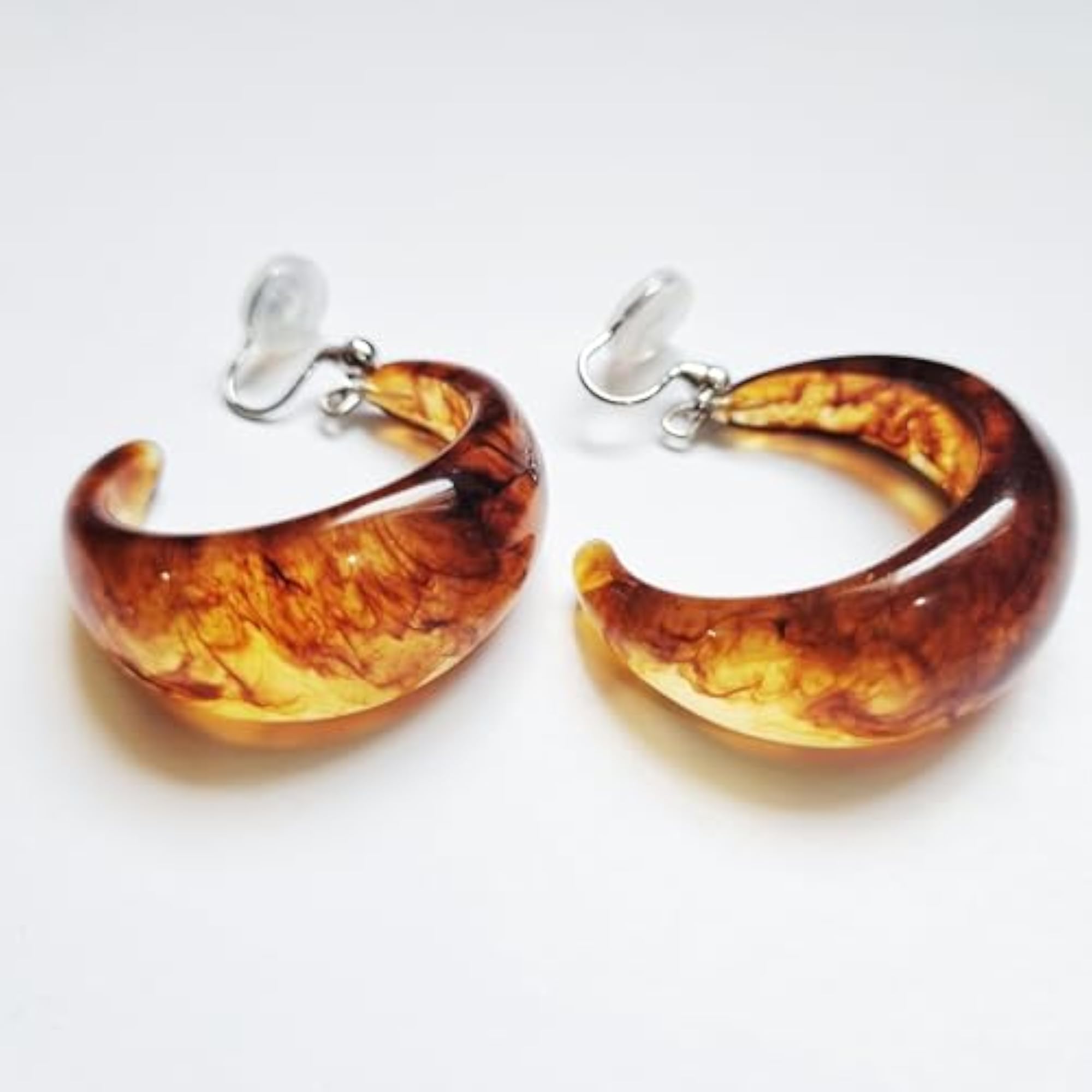 Women's Silver Plated Amber Glow Resin Clip-On Hoop Earrings