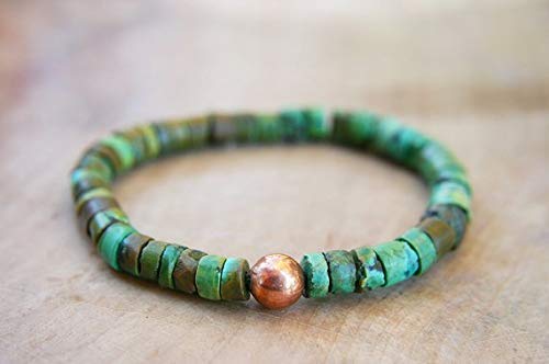 Gemswholesale - Pulsera de cuentas turquesa auténticas Hubei Heishi con cuentas de cobre crudo de 7 mm