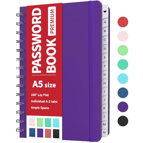 Forvencer Password Book with Individual Alphabetical Tabs, 5.3'x7.6' Medium Size Password Notebook, Spiral Password Keeper Book for Senior, Cute Password Manager Logbook for Home Office, Purple