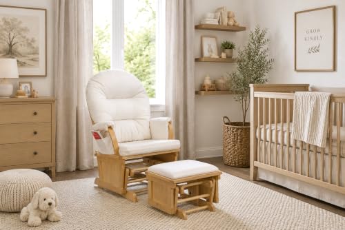 Image of Suite Bebe Madison Nursery Rocking Chair with Ottoman, Wooden Glider for Baby Nursing, Smooth Gliding Rocker, Natural Wood and Beige Fabric