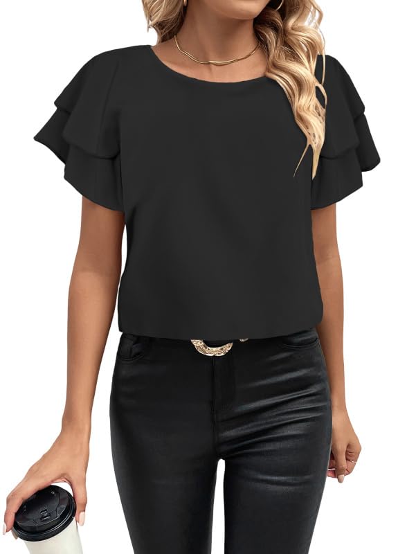 size L. SOLY HUX Women's Leopard Print Ruffle Short Sleeve Blouse Casual Round Neck Tunic T Shirts Summer Shirts Tops