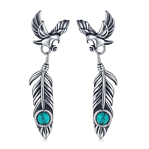 925 Sterling Silver Turquoise Feather Earrings Dangling America Western Eagle Feather Earrings Men Feather Jewelry Turquoise Western Style Gifts Hypoallergenic