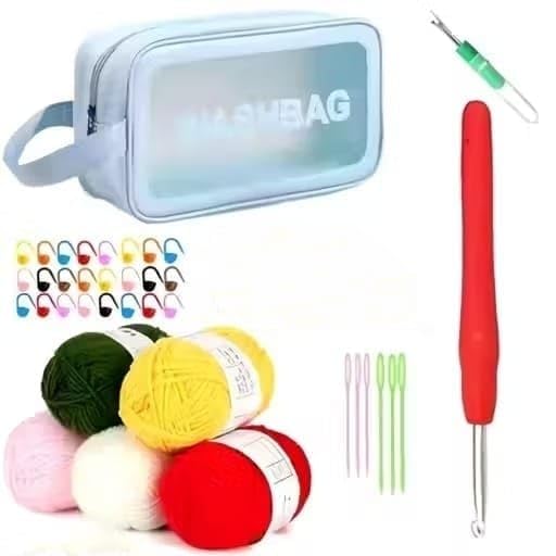Image of VIRADHAM Crochet Kit for Beginners with Yarn, Hooks & Accessories - Complete Learning to Crochet Set for Adults & Kids, DIY Crochet Starter Kit with Bag, Needles, Markers & Tools (1hook pauch yarn set)