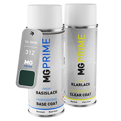 MG PRIME Autolack Sprühdosen Set für BMW 312 Britisch Racing Green/British Racing Green Basislack Klarlack Spraydose 400ml