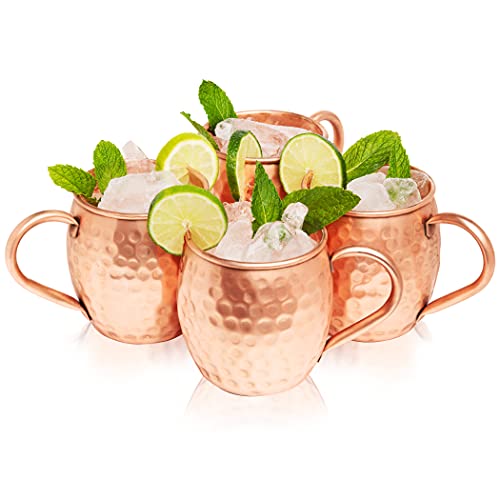 Kitchen Science Moscow Mule Copper Mugs Set of 4 (16oz) | Food Grade 100% Pure Copper Cups | Handcrafted w/Lacquered Hammered Finish, Smooth Rounded Lip, Ergonomic Handle (No Rivet) w/Solid Grip