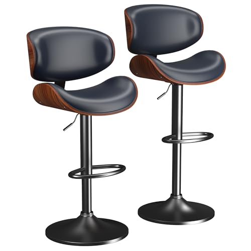 Image of YaFiti Counter Height Stools Set of 2, Bar Stools for Kitchen Island with Bentwood Back and Leather Seat, Swivel Bar Stools for Kitchen Island, Deep Blue