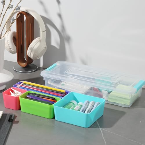 Image of 4 Pack Small Plastic Storage Organization Container with Dividers Removable Tray with Latch, Craft Storage Box, Snack Organizer is suitable for holding chocolates, cookies, paint brushes, puzzles