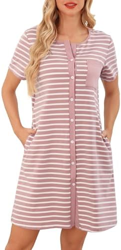 Lovasy Still Nachthemd Damen Baumwolle Kurzarm Schlafshirt mit durchgehende Knopfleiste Gestreift Schlafhemd mit Taschen