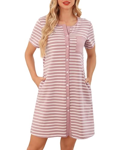 Lovasy Chemise de Nuit Femme Coton Chemise de Nuit Manches Courtes à Rayure Robe De Nuit Boutonnée Devant Tee Shirt de Nuit Femme Grande Taille avec Poches Latérales A Rose XXL