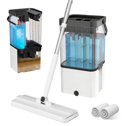Clean and Dirty Water Separates Flat Mop and Bucket Set, 2 Reusable Microfiber Pads, Easy to Disassemble & Assemble, for Hardwood Laminate Tile Floors Cleaning