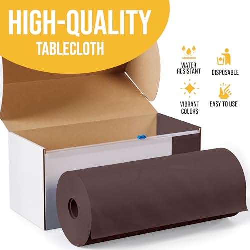 Image of Exquisite Party Solids 54 Inch X 100 Feet Brown Plastic Table Cover Roll in A Cut - to - Size Box with Convenient Slide Cutter. Cuts Up to 12 Rectangle 8 Feet Plastic Disposable Tablecloths