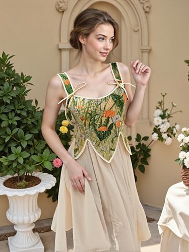 Image of SCARLET DARKNESS Corset Tops for Women Renaissance Costume Floral Lace Up Boned Bustier with Zip