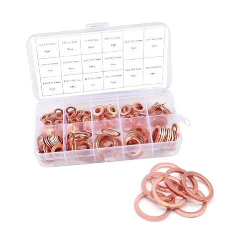 Polcatay 200 PCS Copper Washers, M5 M6 M8 M10 M12 M14 Crushed Leak-proof Sealing Flated Gaskets Assortment Set, High Temperature Resistance Oil Pan Plug Sealing Gaskets, for Most Cars Trucks (Gold)