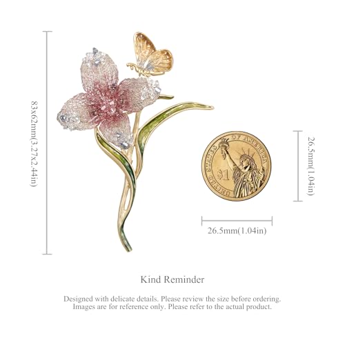 Image of Handmade Embroidery Flower Brooch Pins for Women, SHE'S FREE STYLE JUST FOR YOU Luxury Gradient Stitching Floral Brooch Pins with Crystal stamen, Enamel Metal Butterfly with Green Leaves, Hand Dripping Oil Jewelry pins
