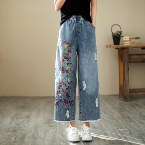 Fashion Ripped Loose Jeans Women Casual Embroidery Wide-Leg Trousers3