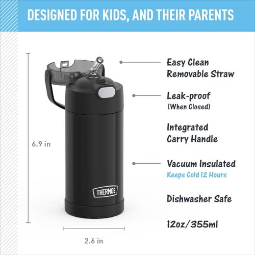 Image of THERMOS FUNTAINER Water Bottle with Straw, 12oz, Black | Kids Stainless Steel Insulated Water Bottle, Keeps Drinks Cold Longer for School & Play, BPA-Free