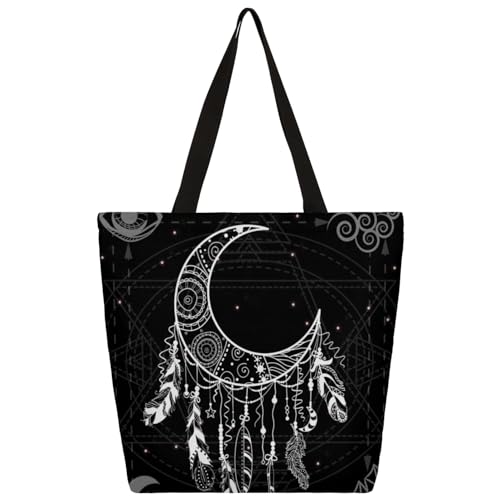 Mularoka Hand Painted Crescent Moon Dreamcatcher Large Capacity Canvas Tote Bag Stylish Handheld Shoulder Bag Reusable Shopping Bag for Work Travel Beach Trips Shopping