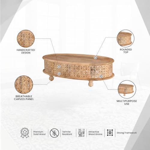 Image of Wooden Coffee Table for Living Room | Kara Solid Wood Handcrafted Center Table for Living Room | Oval Tea Table for Living Room | Wooden Furniture for Home (Natural)