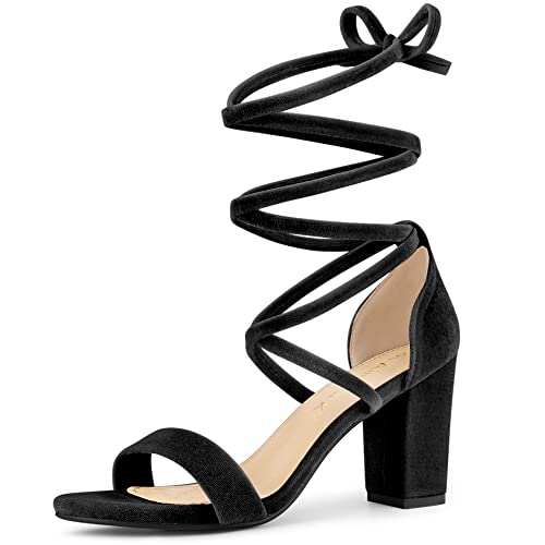 Allegra K Women's Faux Velvet Lace Up Chunky Black Heel Strappy Sandals 6.5 M US