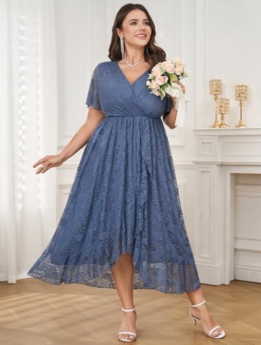 Image of SCOMCHIC Womens Plus Size Wedding Guest Dress Formal Lace Wrap V Neck High Low Short Sleeve Cocktail Maxi Dresses XL-4XL