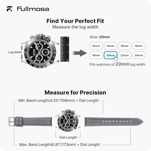 Image of Fullmosa Watch Straps 20mm, Axus Series Leather Strap Replacement Watch Strap with Stainless Steel Metal Clasp for Men Women 14 /16 /18 /20 /22 /24mm, Grey 20mm | Strap for Garmin Vivoactive 6 /5,Venu Sq 2 /Sq,Galaxy Watch 7 /6 /5 40mm 44mm Women Men, Grey&Silver Buckle
