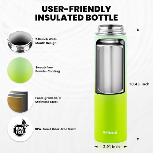 Image of RAYMYLO Insulated Water Bottle 24 oz, Triple Wall Vacuum Stainless Steel (Cold for 24Hrs, Hot for 12Hrs), Leak Proof & Non-BPA, Modern Water Flask Jug with Paracord Handle & Straw Spout Lids