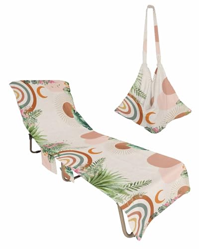 Boho Geometric Beach Lounge Chair Towel Cover, Soft Chaise Lounge Towel with Side Pockets Patio Pool Chairs Cover for Beach/Pool Sunbathing 29x85 Green Botanical Spring Floral Abstract