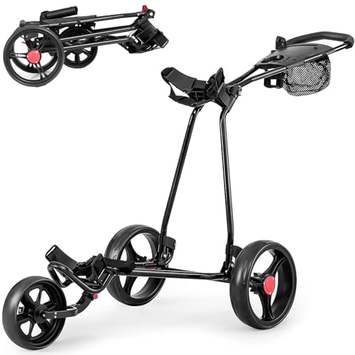 GYMAX Golftrolley faltbar, Golfwagen 3 Rad mit Scorekartenhalter, Getränkehalter & Regenschirmhalter, Golf Push Cart mit verstellbarem Griff aus Eisen,...