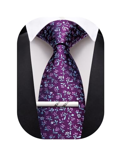 Image of Barry.Wang Floral Ties for Men Flower Necktie with Tie Clip Formal