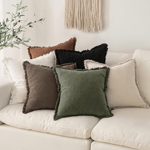 Image of MIULEE Decorative Throw Pillow Covers Neutral Linen Fringe Throw Pillows Euro Shams Set of 2 Chocolate Brown Boho Farmhouse Cushion Covers for Couch Sofa Bed Living Room Fall Home Decor 22x22 Inch
