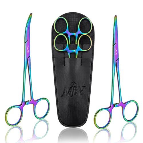 MJW Set of 2 Curved and Straight Piercings Hemostat Forceps - Medical Grade Stainless Steel 6.3” Multi Color Titanium Finish Fishing Tweezers - Hemostats Forcep Plier Kelly Forceps & Leather Pouch