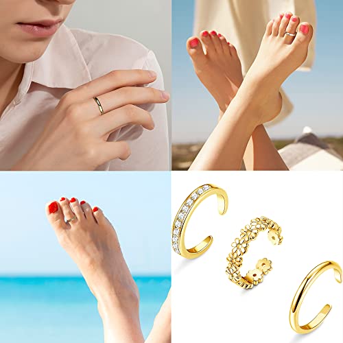 Fiasaso 3Pcs Gold Filled Toe Rings For Women Non Tarnish 14K Gold Filled Toe Ring Adjustable Flower Cz Dainty Toe Ring Summer Beach Open Toe Rings Set Toe Jewelry Foot Jewelry thumb #2
