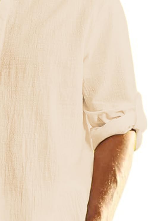 Image of Men's Full Sleeve Beige Color Cotton Blend Mandarin Slim Fit Shirt Style Kurta for Men and Boys