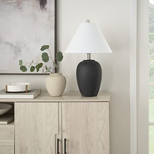 Image of Nourison Home 23 inch Black Vintage Distressed Ceramic Pot Table Lamp for Bedroom, Living Room, End Table, with White Conical Empire Shade