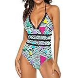 DROEYROEST Green 80s 90s Women One Piece Swimsuits Tummy Control Sexy Hollow Out Bathing Suit V Neck Swimwear M