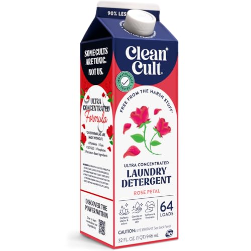 Cleancult Ultra Concentrated Liquid Laundry Detergent 64 loads (32 oz) Long Lasting Scent 90% Less Plastic No Harsh Chemicals Rose Petal Defeats Stains & Odors HE/Standard Compatible