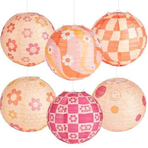 6 PCS Groovy Boho Hanging Paper Lanterns Boho Retro Party Decorations, Hippie Ceiling Hanging Decorations for Classroom, Wedding Baby Shower Birthday Party Home Back to School Decor