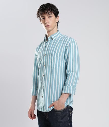 Image of TURMS Men's Casual Striped Linen Shirt | Water Repellent | Anti Stain Anti Odor | Kansas Linen | Concealed Button Down Collar | Full Sleeves