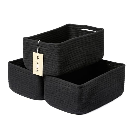 MiniArk Small Storage Baskets for Organizing | Closet Organizer Bins | Shelf Toy Basket | Woven Rope Baskets | Cube Decorative Box | Shallow Basket | 13×8.5×5.1” | 3 Packs Black