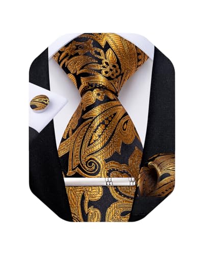 Image of DiBanGu Paisley Ties for Men Silk Necktie and Pocket Square Cufflinks Tie Clip Set Woven Classic Mens Tie for Wedding Party