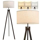 ELYONA Wood Tripod Floor Lamp for Bedroom, 3 Color Temperatures & Linen Shade, Modern Reading Standing Lamp with 9W LED Bulb, Mid Century Night Light for Farmhouse, Living Room, Office, Walnut