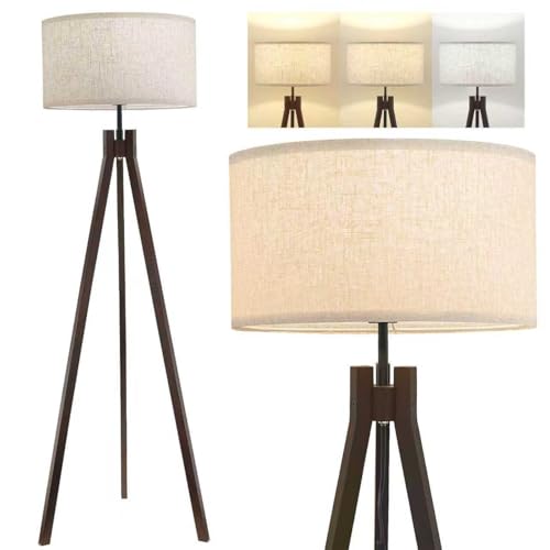 ELYONA Wood Tripod Floor Lamp for Bedroom, 3 Color Temperatures & Linen Shade, Modern Reading...