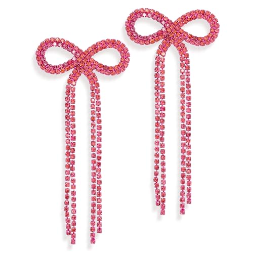 JeanBeau Large Pink Rhinestone Bow Drop Dangle Tassel Earrings for Women, Trendy Statement Ribbon Long Fringe Earing Dangling Pageant Wedding Prom Fashion Jewelry Gift