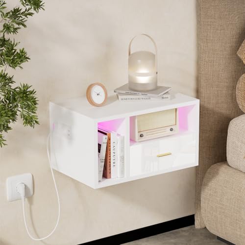 Ztexkee Mesita de Noche Flotante Mesilla de Noche Suspendida con Enchufe y Tira de luz RGB Mesitas de Noche con 1 Cajón y 2 Compartimento para Dormitorios, Salones,Blanco