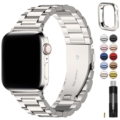 Image of Fullmosa Metal Band with Case for Apple Watch 41 /40 /38mm | Fits iWatch Series 9 /8 /7 /6 /5 /4 /3 /2 /1,SE3 /2 /1,Stainless Steel Strap for Men Women Professional Office Starlight