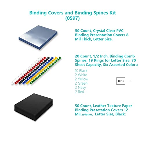 Binditek Binding Covers And Combs Kit, Includes 50P Clear 8Mil Binding Covers, 20P Binding Combs 3/8 Inch, 50P Black Paper Covers, 8.5X11 Inches #TOP1